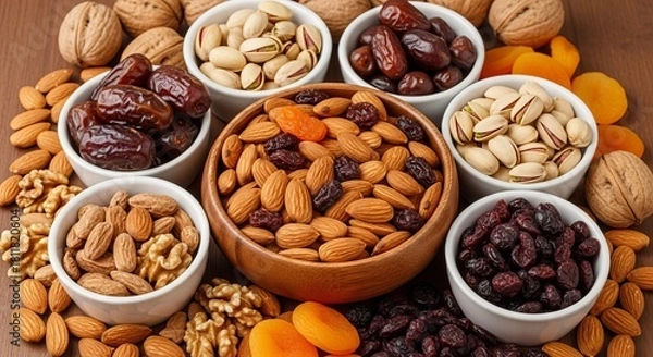 Fototapeta Assorted dried fruits and nuts in bowls walnuts almonds pistachios dates apricots healthy food snack