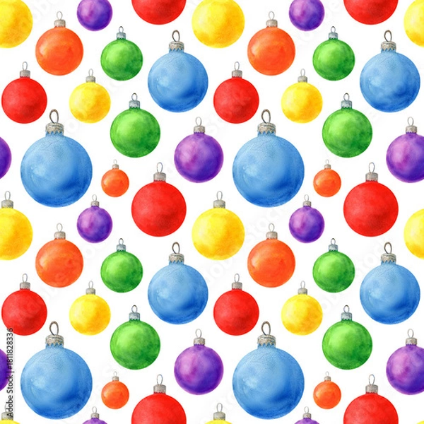 Fototapeta Multicolored watercolor Christmas tree balls, seamless pattern on a white background. Illustration of colorful Christmas tree decorations for packaging, wrapping paper, cards, fabrics, textiles.