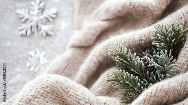 Obraz Soft Winter Flat Lay with Pine Sprigs and Wool Scarf