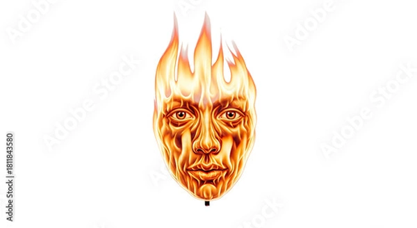 Fototapeta A detailed illustration of a human face engulfed in vibrant flames, set against a stark white background.