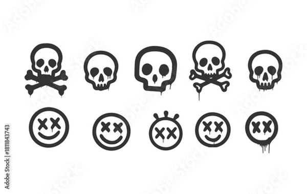 Obraz Collection of black and white skull and smiley face vector illustrations

