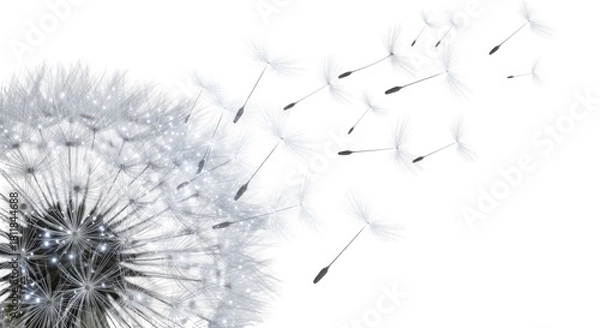 Fototapeta A close-up of a dandelion puffball with numerous seeds gracefully detaching and floating away in the wind against a clean white background.