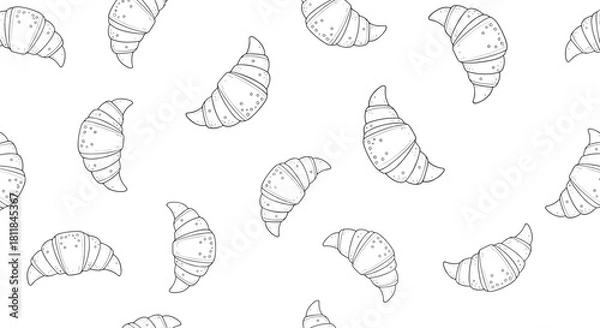 Fototapeta Seamless black and white pattern of delicious hand-drawn croissants in a simple line art style perfect for bakery branding.