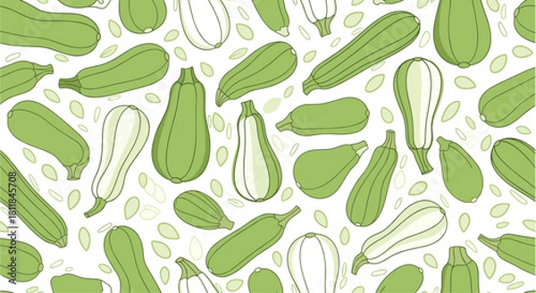 Obraz Seamless food pattern with fresh green zucchini and summer squash vegetables scattered randomly on a clean white background.