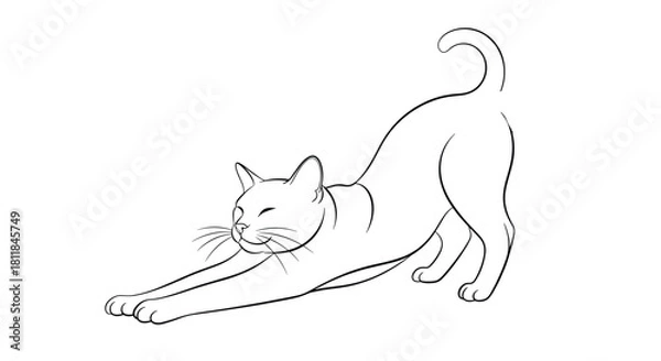 Obraz Elegant and simple black and white line art illustration of a graceful cat in a full body stretching pose with its eyes closed.