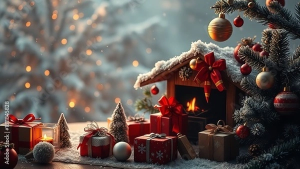 Fototapeta Warm and magical Christmas scene filled with glowing candlelight, wrapped gifts, festive decorations, and a snowy forest view through the window, creating a cozy and enchanting holiday atmosphere.