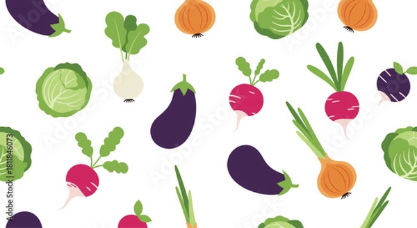 Obraz Seamless pattern of fresh and healthy farm vegetables including eggplant cabbage radish and onion on a clean white background.