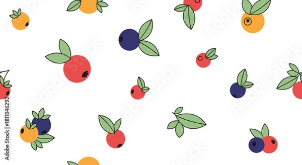 Obraz A simple and minimalist seamless pattern of colorful stylized berries and green leaves scattered on a clean white background.