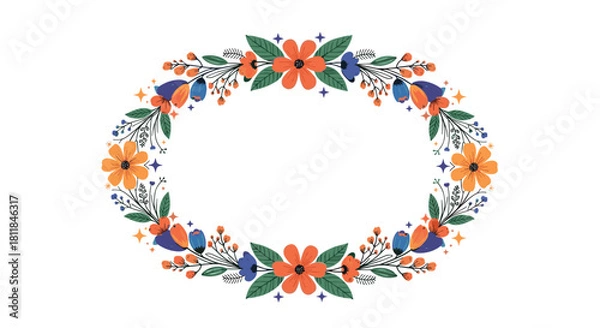 Obraz A beautiful oval floral wreath frame with colorful orange and blue flowers green leaves and sparkling accents on a background.