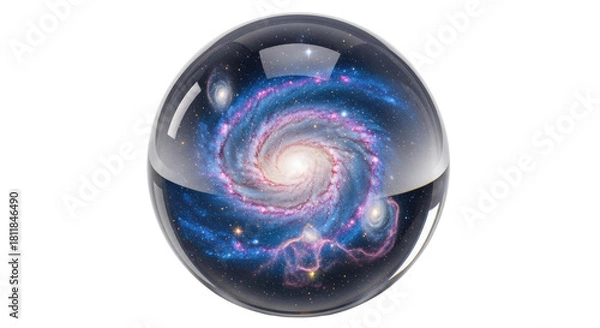 Fototapeta A clear glass sphere containing a vibrant spiral galaxy with swirling arms and bright stars, set against a dark cosmic background.