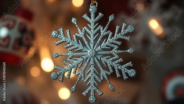 Fototapeta Mysterious winter portrait of a person behind a sparkling crystal snowflake ornament, softly lit with warm bokeh lights and wrapped in a cozy knit sweater, creating a dreamy and atmospheric cold-seaso