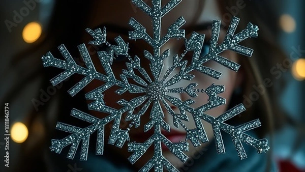 Fototapeta Mysterious winter portrait of a person behind a sparkling crystal snowflake ornament, softly lit with warm bokeh lights and wrapped in a cozy knit sweater, creating a dreamy and atmospheric cold-seaso