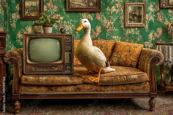 Obraz old tv with a bird