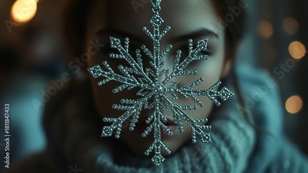 Fototapeta Mysterious winter portrait of a person behind a sparkling crystal snowflake ornament, softly lit with warm bokeh lights and wrapped in a cozy knit sweater, creating a dreamy and atmospheric cold-seaso