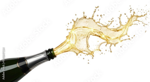 Obraz Champagne bottle popping open with a celebratory golden liquid splash against a white background.