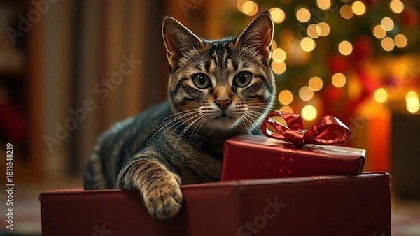 Fototapeta A festive Christmas scene featuring a cute tabby cat sitting beside a beautifully wrapped gift box with soft holiday lights glowing warmly in the background