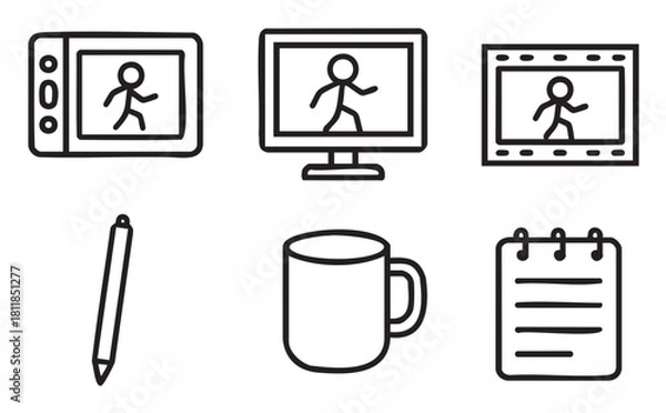 Fototapeta Set of six simple black outline doodle icons including a drawing tablet, computer monitor, film strip, stylus, coffee mug, and notebook, presented , representing creative work