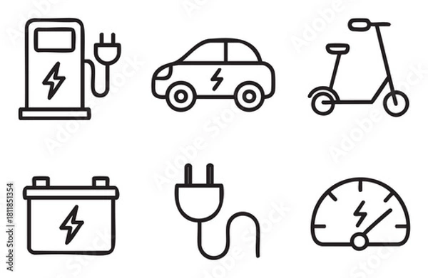 Fototapeta Set of simple black outline icons related to electric vehicles and sustainable energy, featuring a charging station, car, scooter, battery, plug, and power gauge