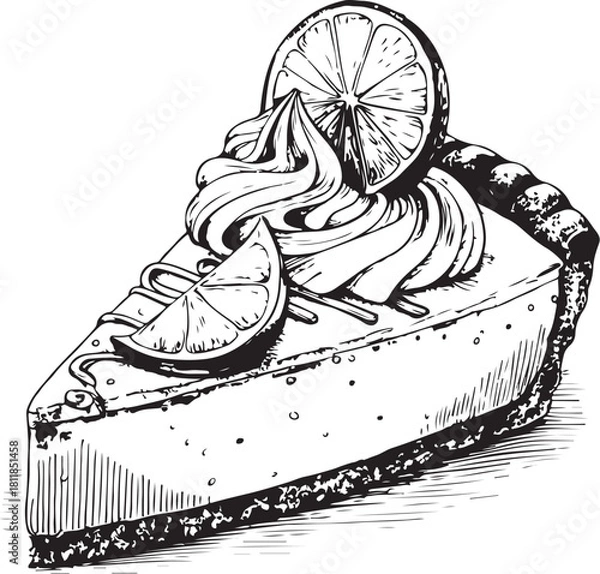 Obraz Key Lime Pie Slice, Lemon Tart Dessert, Hand-drawn Sketch Drawing Vector Illustration, Line Linear Symbol Engraving Coloring Book, Black and White Isolated