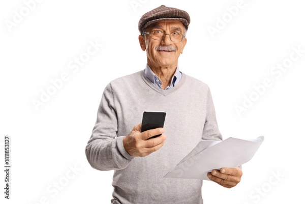 Obraz Male pensioner paying bills with his smartphone