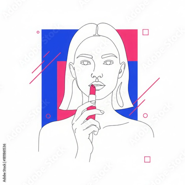 Fototapeta Young woman applying vibrant red lipstick with confident expression, performing her daily makeup routine. Minimalist illustration features modern geometric background, showcasing beauty concept