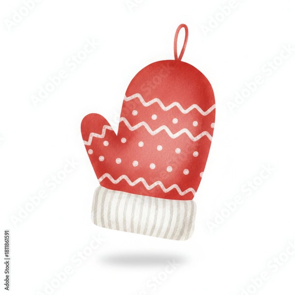 Fototapeta Cheerful red mitten, adorned with festive white patterns and striped cuff, evokes cozy warmth of winter holiday season. delightful illustration brings pure joy to viewers