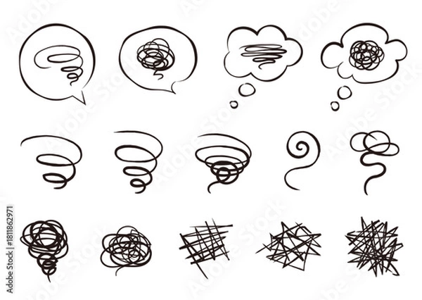 Obraz ぐるぐる、モヤモヤのマーク。不安、悩み、困惑などのネガティブな感情のアイコン。ベクターイラスト素材。