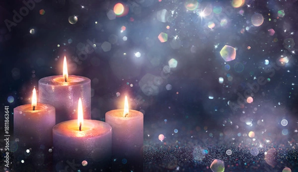 Obraz Advent Candles - Four Purple Candlelights Glowing In Shiny Dark Background With Glittering And Abstract Lights