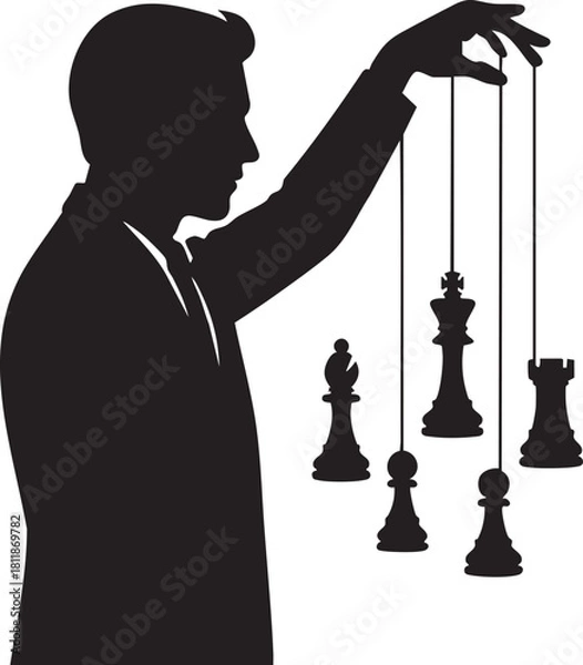 Obraz Man controlling floating chess pieces silhouette vector