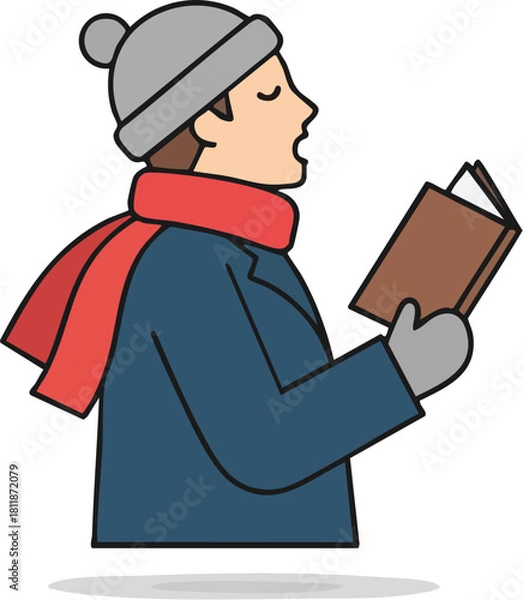 Fototapeta A vector illustration of a man wearing a hat, scarf, and coat while singing Christmas carols from a book.