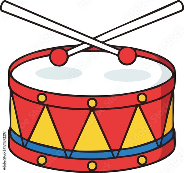 Fototapeta A colorful cartoon image of a red drum with drumsticks, perfect for musical themes.