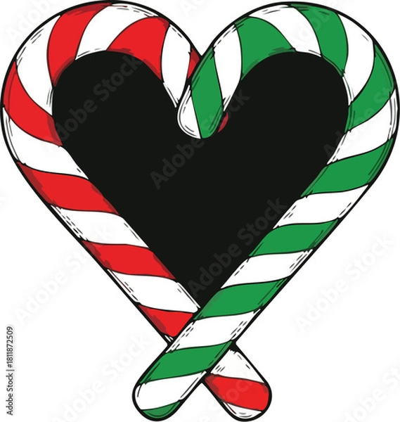 Fototapeta Two candy canes forming a heart shape, one red and one green.