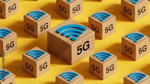 Fototapeta 5G Wireless Network Technology Concept on Wooden Blocks
