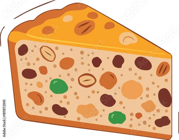 Fototapeta A delicious slice of fruitcake filled with nuts and dried fruits, showcasing a rich texture and festive ingredients.