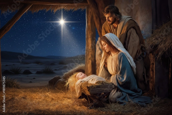 Fototapeta Nativity scene depicting Mary, Joseph, and baby Jesus in a rustic stable under a starry night sky during the Christmas season