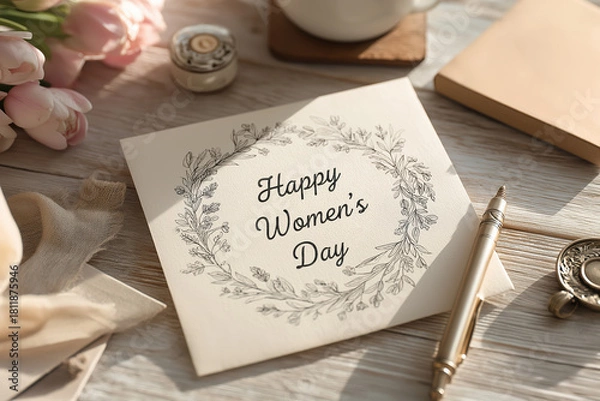 Fototapeta Celebrating Women's Day with a beautiful card, flowers, and a cozy setting that inspires warmth and appreciation for all women