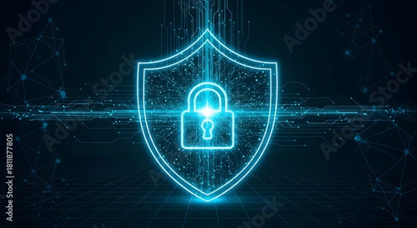 Obraz Cybersecurity shield icon with a lock symbol in the center.