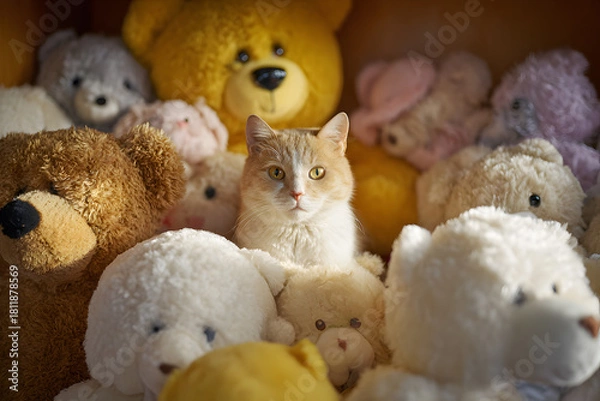 Obraz a cat sitting among a bunch of stuffed animals
