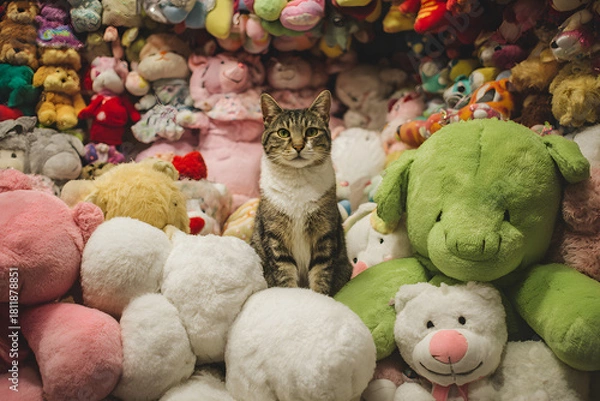 Obraz a cat sitting among a pile of stuffed animals