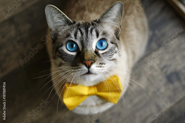 Obraz a cat with blue eyes wearing a yellow bow tie