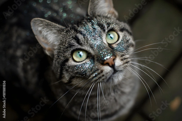 Obraz a cat with glitter on its face looking up