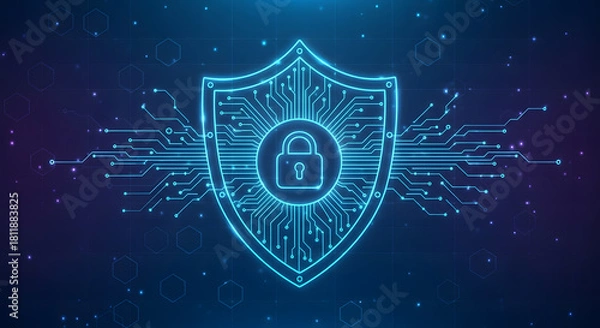 Obraz Cybersecurity shield icon with a lock symbol in the center, glowing neon blue lines, digital network grid background.