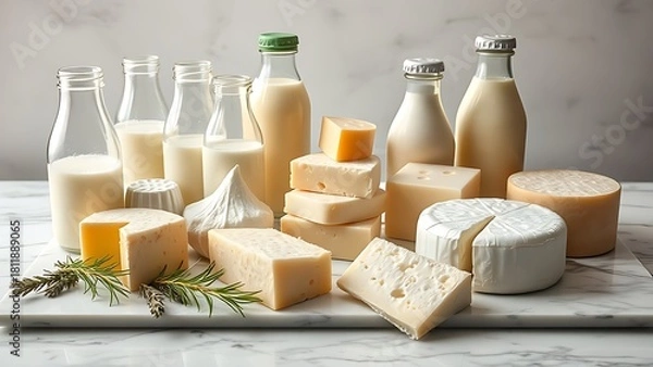 Fototapeta yogurt. Artistic display of dairy products on marble, highlighting freshness and natural textures. menu design, packaging mockups, designed for culinary blogs and recipe cards for restaurants.