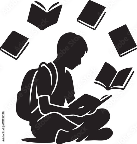 Obraz Student surrounded by floating books silhouette vector