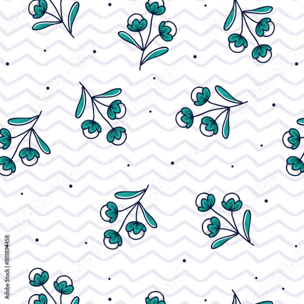Fototapeta Seamless floral pattern with white cotton-like flowers and green leaves on a soft pastel green background. Ideal for textile design, wrapping paper, wallpaper, and fabric prints. Vector illustration
