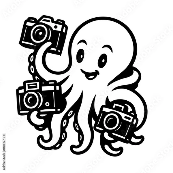Fototapeta octopus carrying several vintage cameras in different tentacles, playful pose