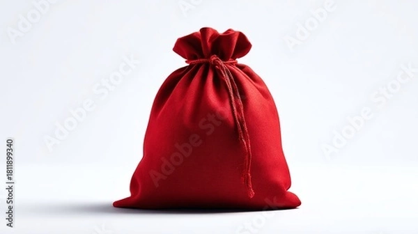 Fototapeta Crimson sack filled with gifts. The soft fabric folds gracefully, secured with a delicate string. Isolated against a clean white background. Ideal for festive promos.