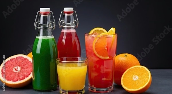 Fototapeta Assortment of Freshly Squeezed Fruit Juices in Glass Bottles and Tumblers
