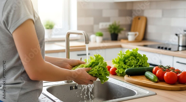 Obraz A person carefully rinses fresh, vibrant lettuce under a stream of clean water in a modern kitchen, with an array of healthy vegetables artfully arranged nearby, capturing the essence of fresh.