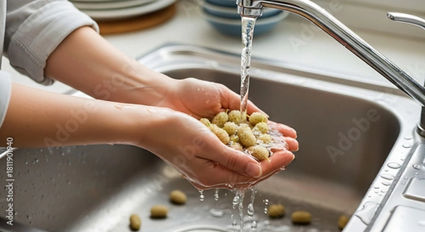 Fototapeta Hands delicately wash fresh beans under a stream of pure water in a kitchen sink. The image conveys the essence of preparation.